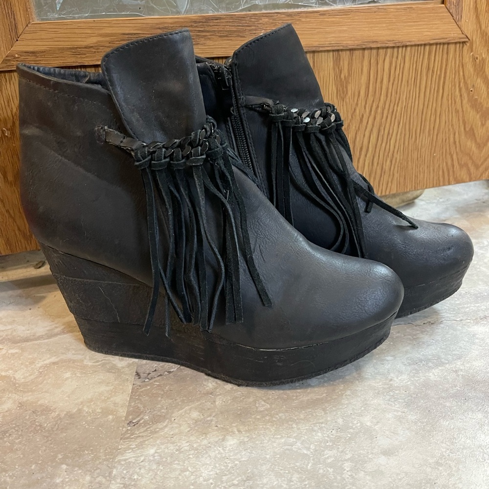Sbicca Black Fringe Wedge Booties